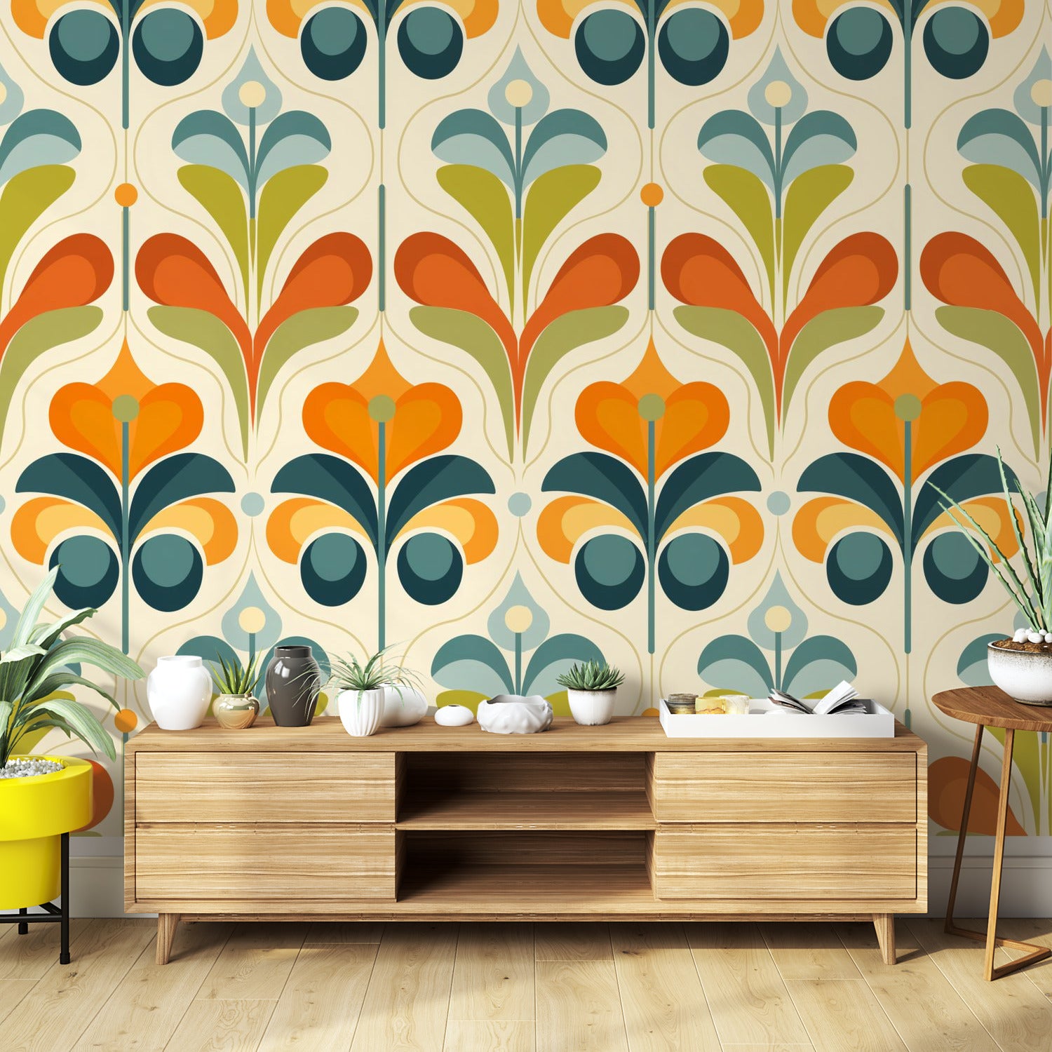 Scandinavian Floral Orange Blue, Green, Mid Mod Peel And Stick Wall Murals - Mid Century Modern Gal