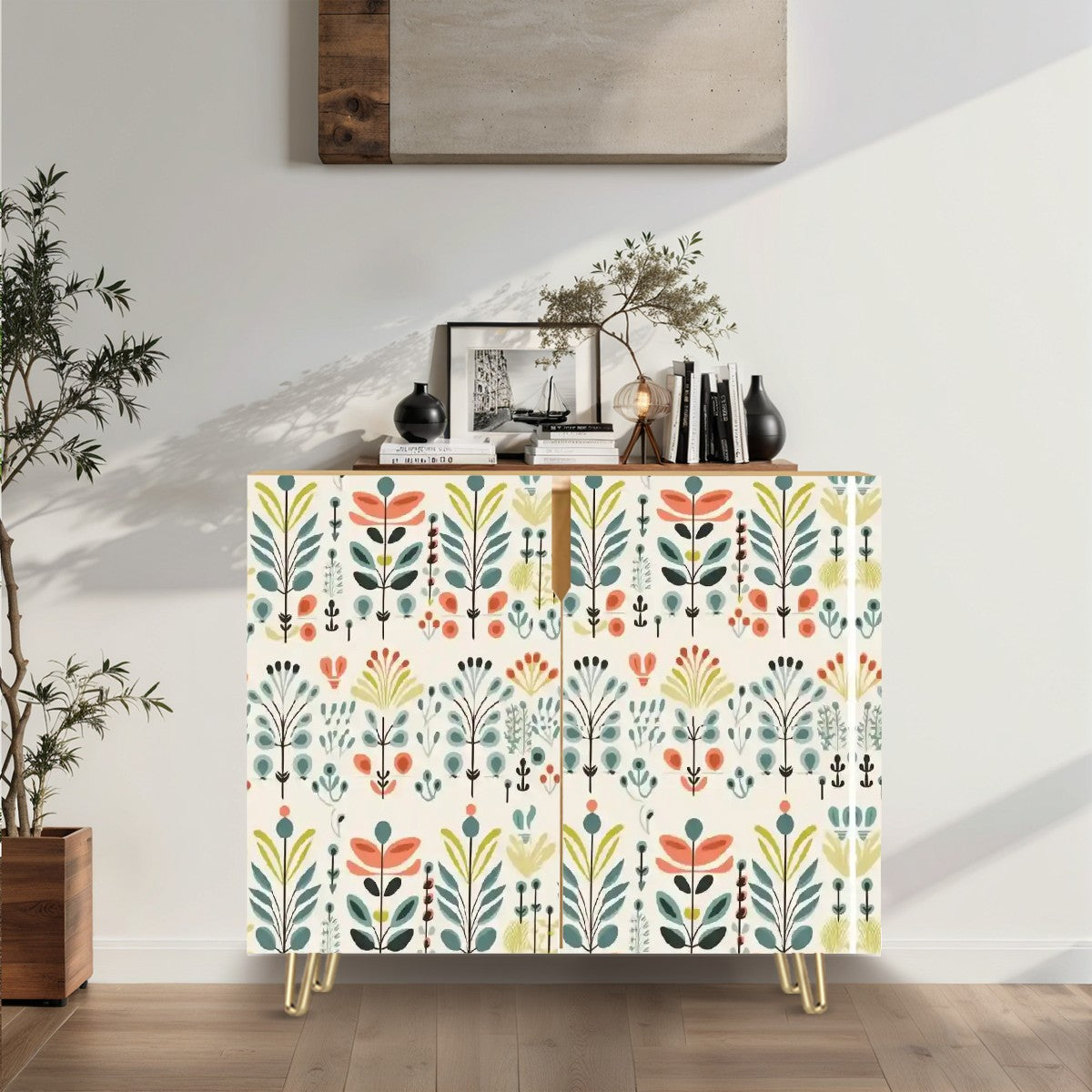 Modern Danish Scandinavian Floral Designed Wooden Storage Cabinet