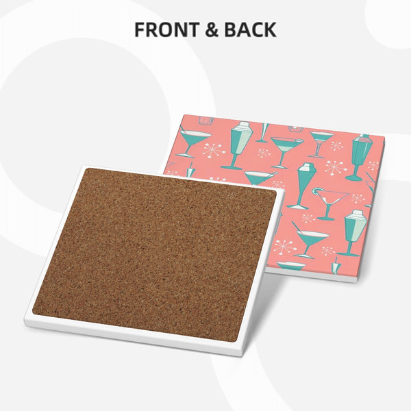 Palm Springs Cali Martini Bar Kitschy Mid Century Coral Aqua Square Ceramic Coasters Set of 6