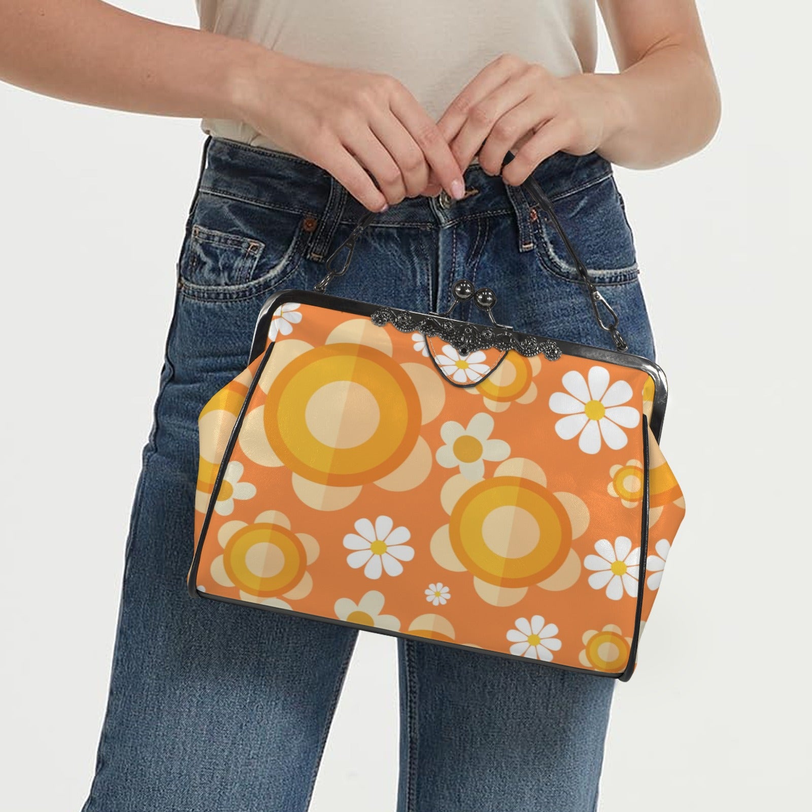Flower Power Orange Groovy Mod Kisslock Crossbody Purse - Mid Century Modern Gal