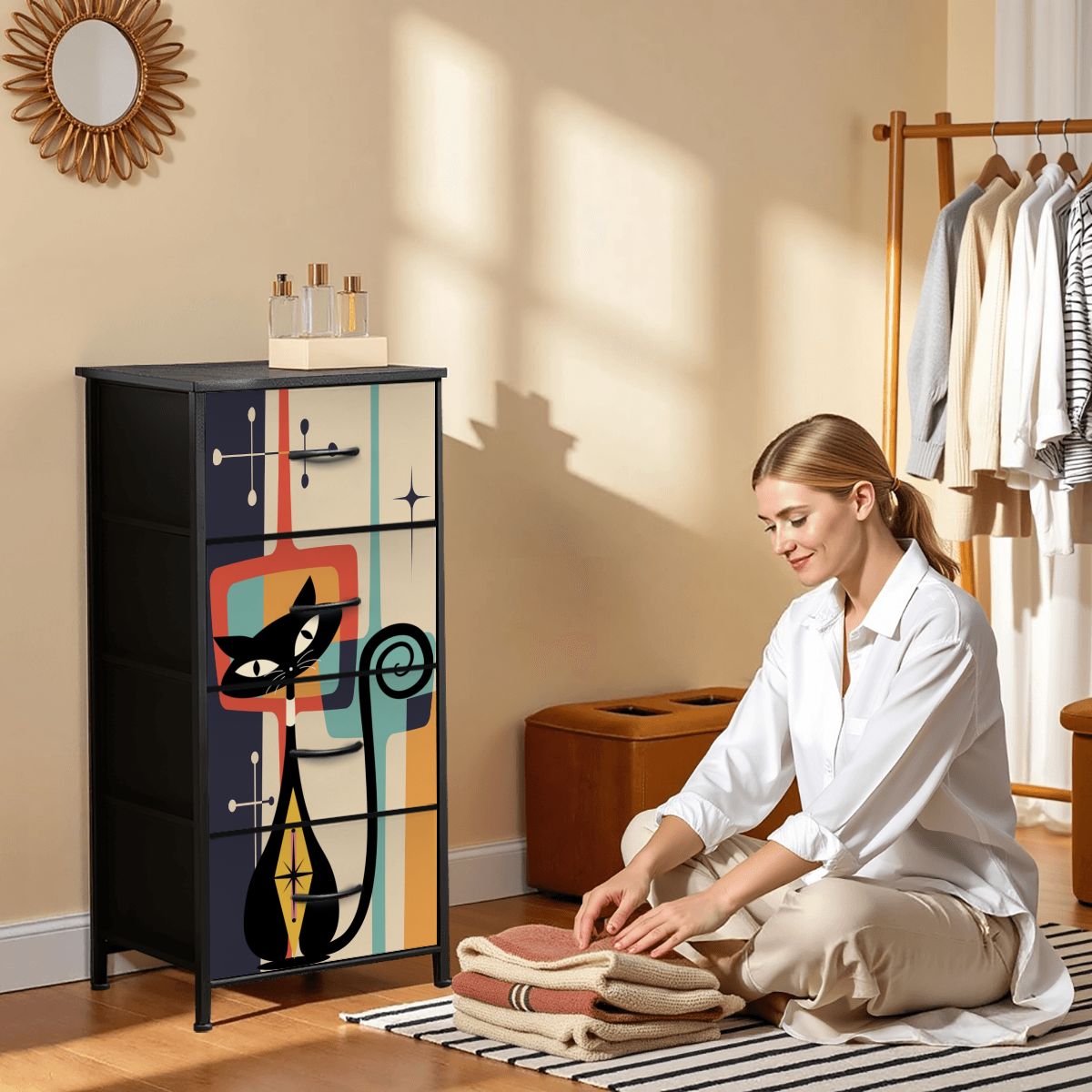 Mid Century Modern Atomic Cat, Mid Mod Geometric Designed 4-Drawer Dresser - Mid Century Modern Gal