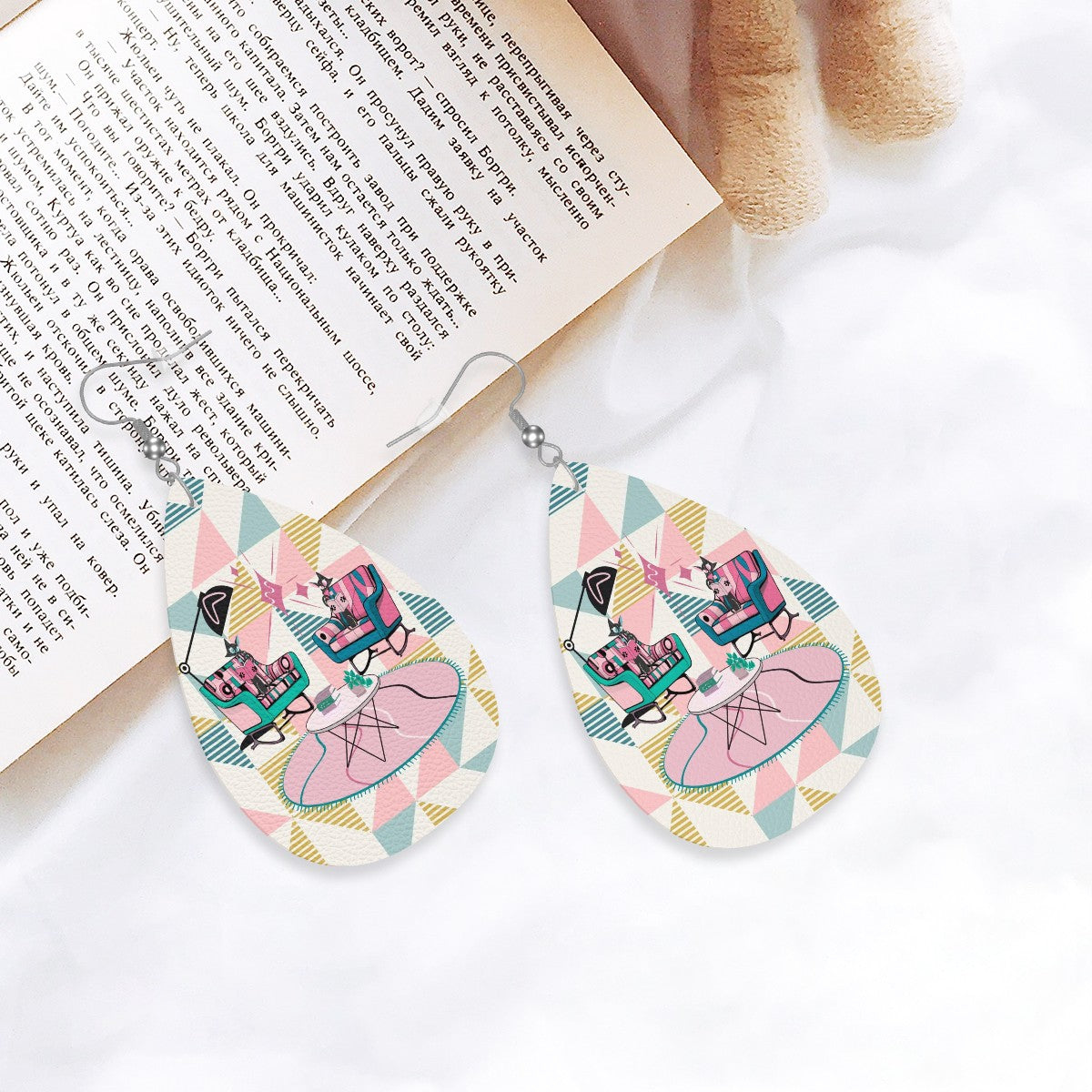 Atomic Reading Cats, Kitschy Mod Fun Quirky Faux Retro Leather Teardrop Earrings - Mid Century Modern Gal
