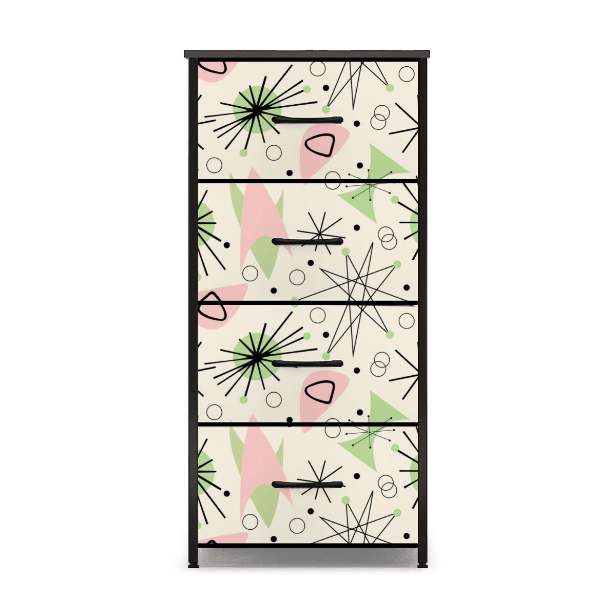 Mid Century Modern Atomic Starburst Vanilla White Pink Green 4-Drawer Dresser - Mid Century Modern Gal