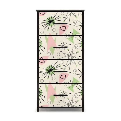 Mid Century Modern Atomic Starburst Vanilla White Pink Green 4-Drawer Dresser - Mid Century Modern Gal