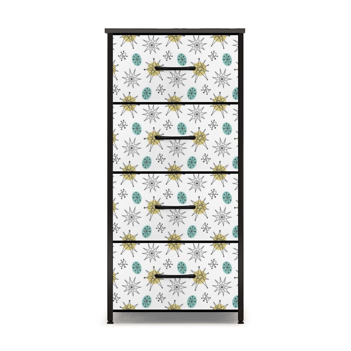 Mid Mod Minimalist, Franciscan Starburst White, Blue, Green Starburst 4-Drawer Dresser - Mid Century Modern Gal