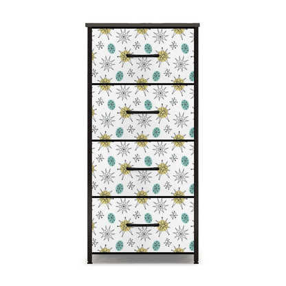 Mid Mod Minimalist, Franciscan Starburst White, Blue, Green Starburst 4-Drawer Dresser - Mid Century Modern Gal