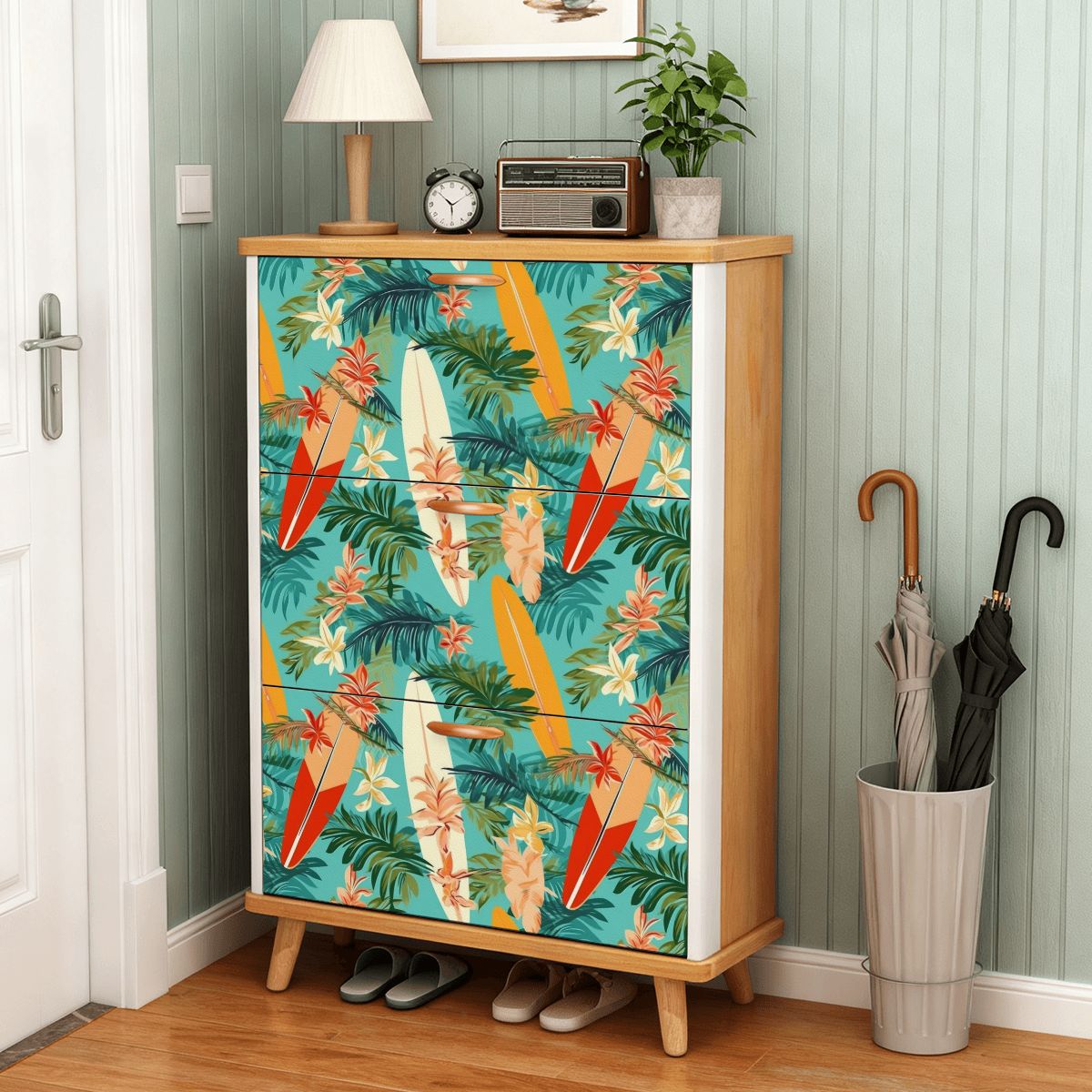 Mid Century Modern Polynesian Surfboard Shoe Storage Cabinet - Mid Century Modern Gal