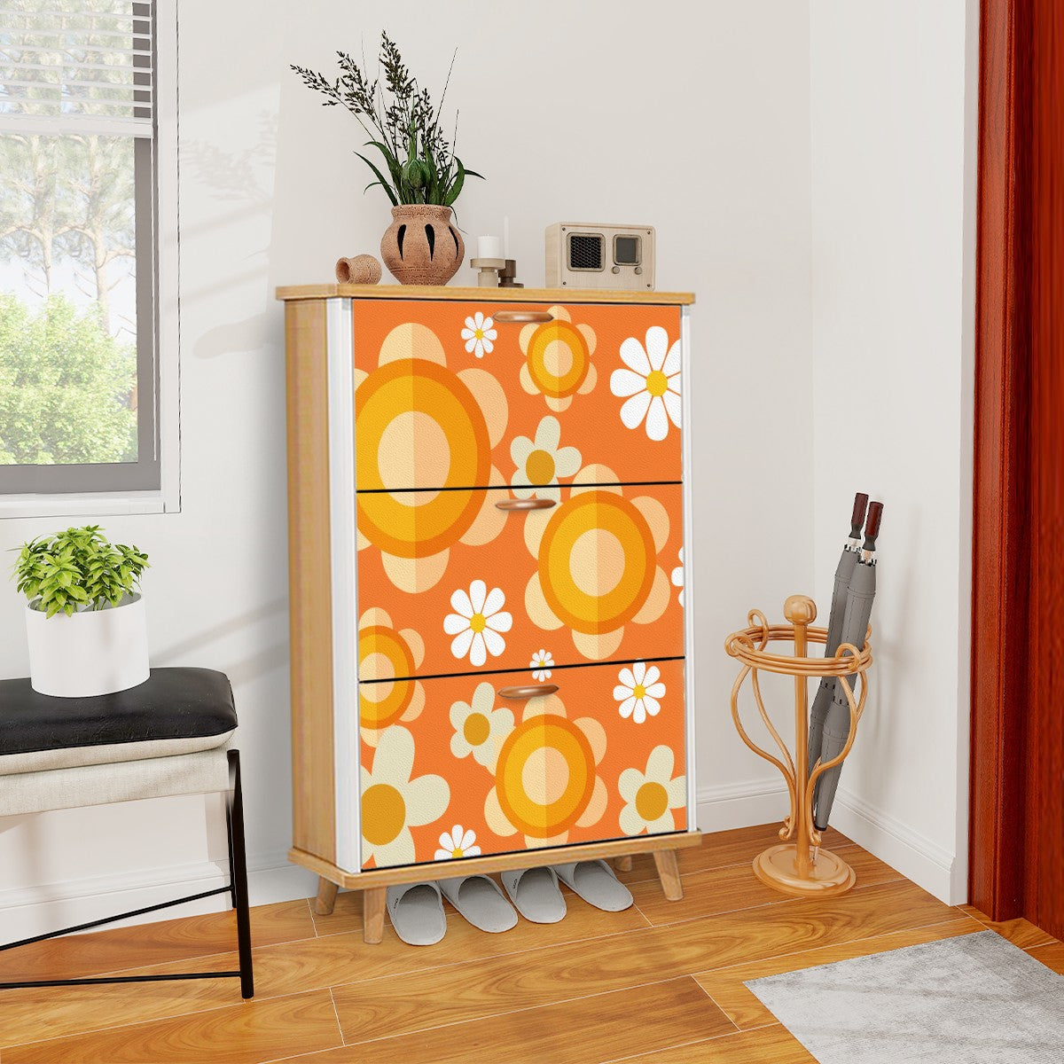 Flower Power Orange Groovy Mod Shoe Storage, Shoe Cabinet - Mid Century Modern Gal