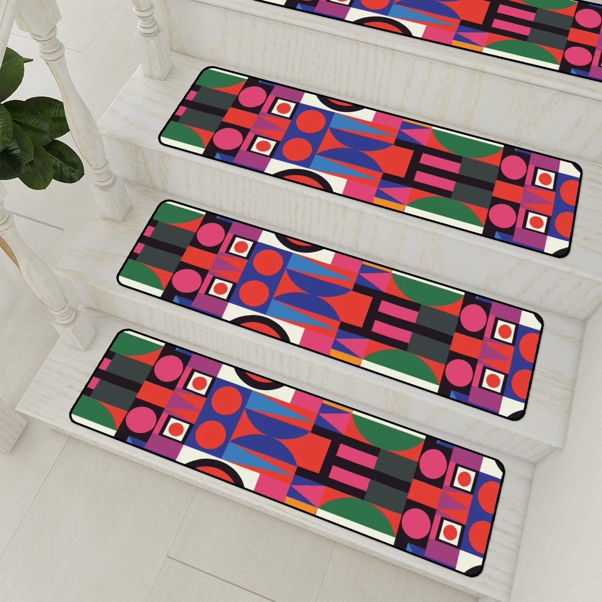 Mid Century Modern Bauhaus Geometric Red, Green Black, Mod Non Slip Carpet for Stairs Treads - Mid Century Modern Gal
