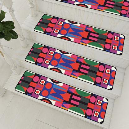 Mid Century Modern Bauhaus Geometric Red, Green Black, Mod Non Slip Carpet for Stairs Treads - Mid Century Modern Gal