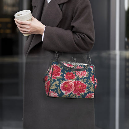 Modern Chinoiserie Royal Blue, Pink Red Floral Kisslock Crossbody Purse - Mid Century Modern Gal