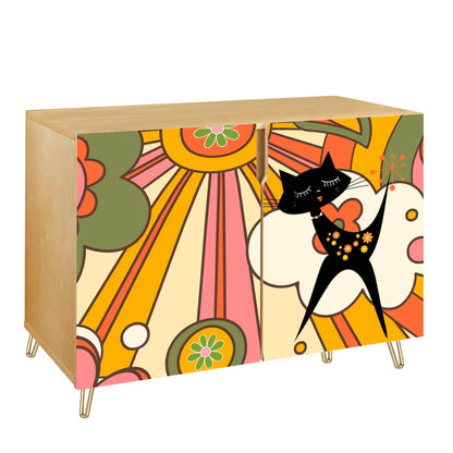 Retro 70s Groovy TV Cabinet, Sideboard Credenza With Groovy Cat Wooden Storage Cabinet - Mid Century Modern Gal