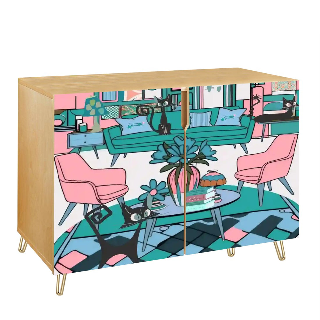 Mid Century Modern Kitschy Atomic Cat Mod Living Room TV Sise Board Credenza Cabinet - Mid Century Modern Gal