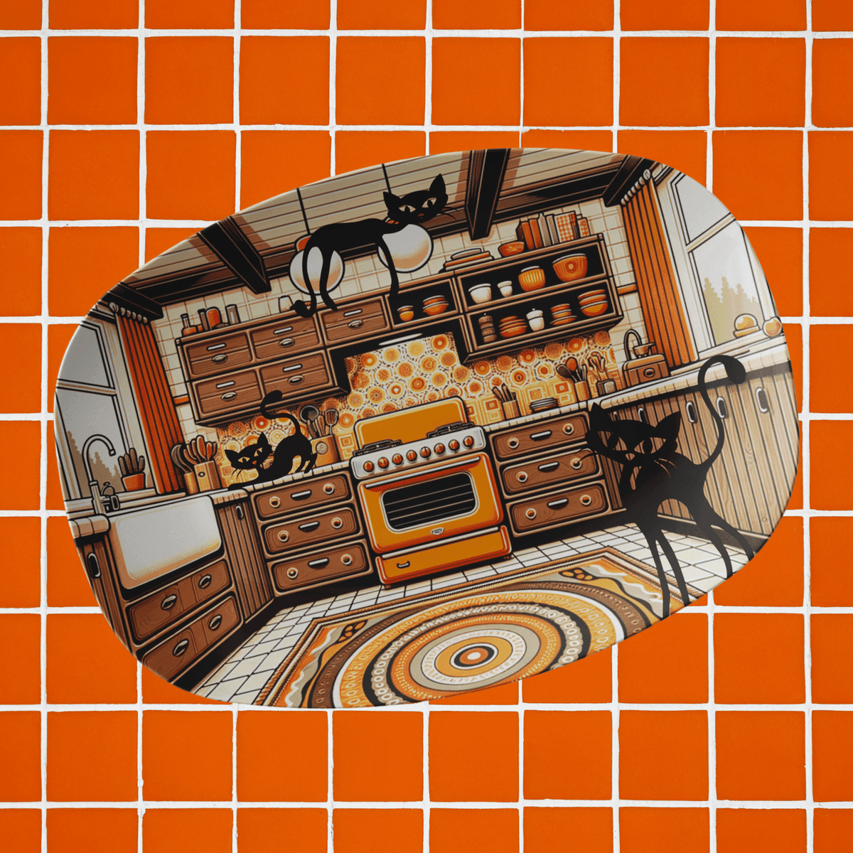 1970's Kitchen Decor, Orange, Brown, Mid Century Modern Party Platter, With Crazy Kitschy Cats Kitchenware default