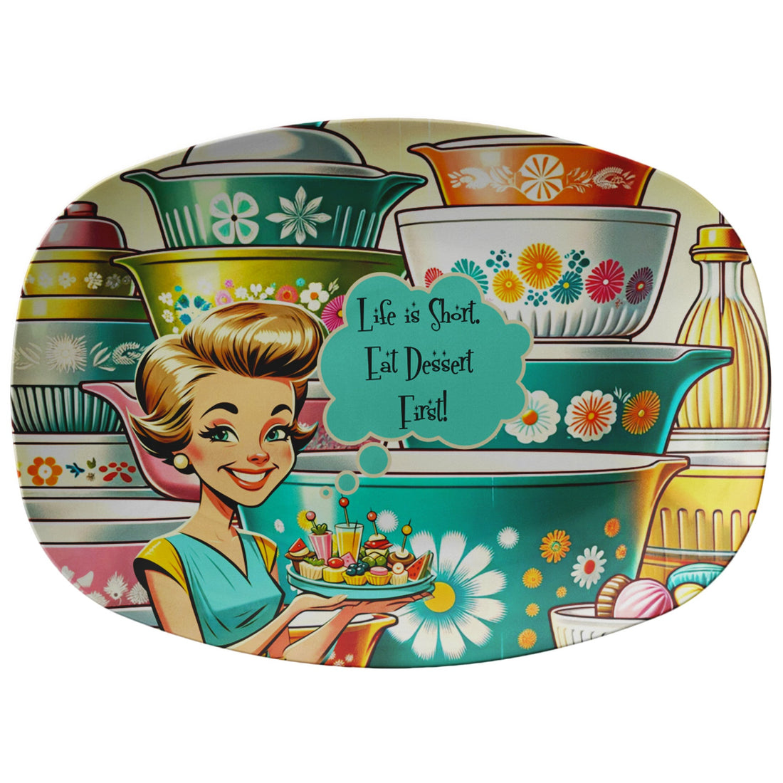 50s Kitschy Party Platter, Life Is Short, Eat Dessert First, Mid Century Modern Platter Kitchenware default