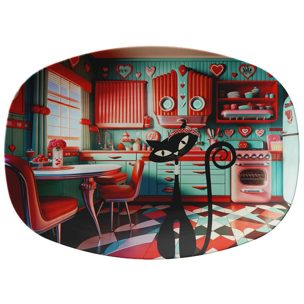 50s Mid Century Modern Kitchen Platter, Red, Aqua, Kitschy Love Gifts