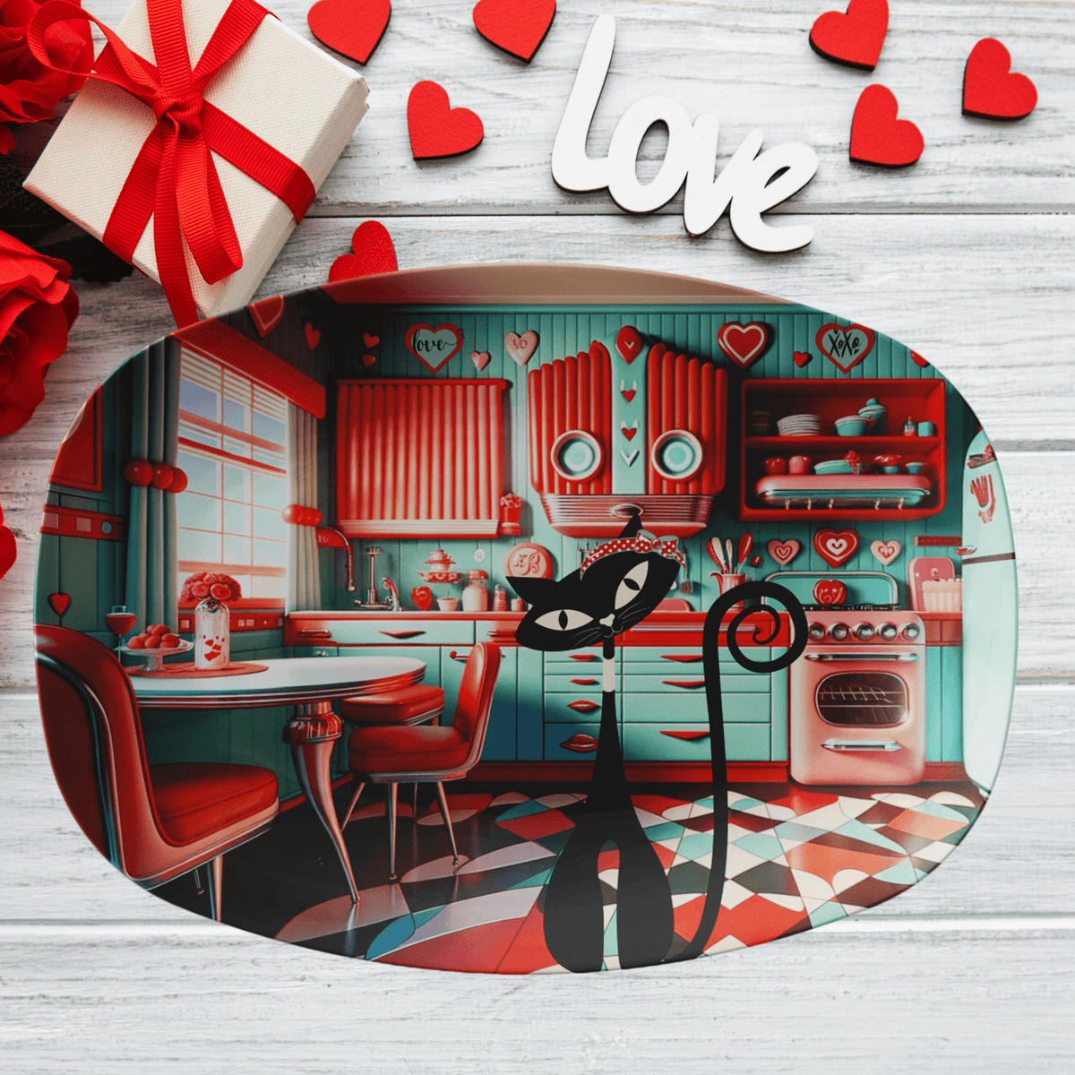 50s Mid Century Modern Kitchen Platter, Red, Aqua, Kitschy Love Gifts Kitchenware default