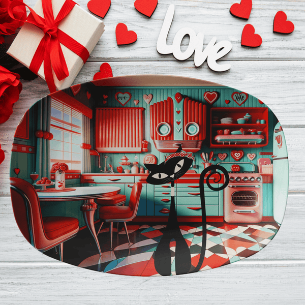 50s Mid Century Modern Kitchen Platter, Red, Aqua, Kitschy Love Gifts