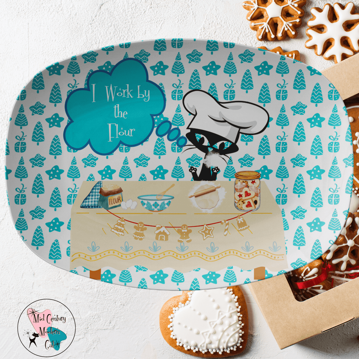 Atomic Cat, Funny Cookie Holiday Platter, I Work By The Flour, Holiday Baking Gifts For Baking Lover Kitchenware default