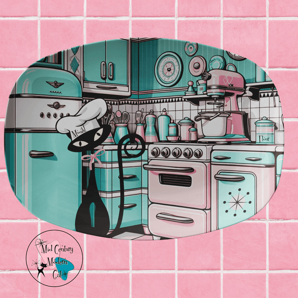 Atomic Kitty Cat, Mid Century Modern 50's Aqua, Pink MCM Kitchen Party Platter