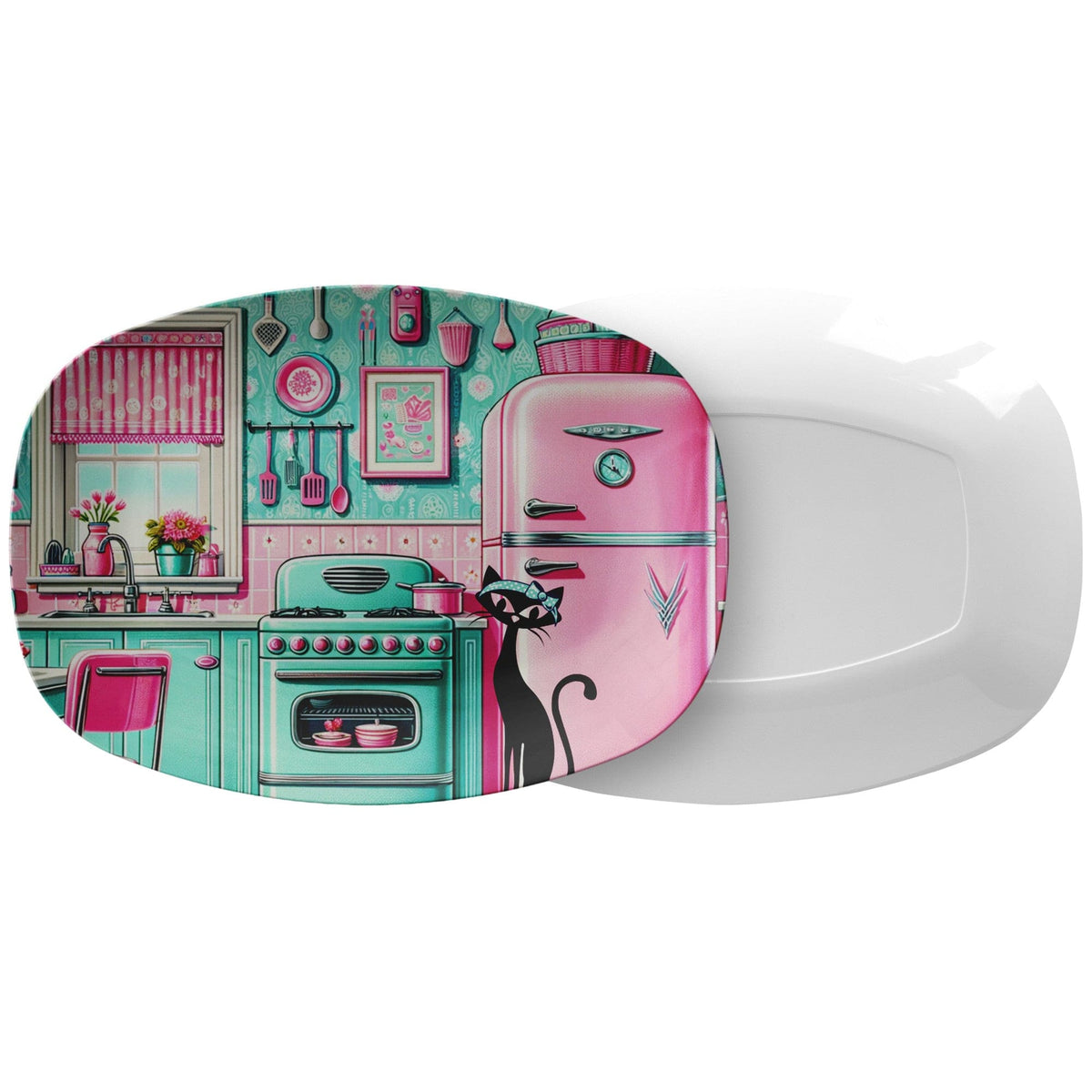 Kitschy 50's Atomic Pink And Aqua Kitchen, Atomic Cat Retro MCM Party Platter Kitchenware default