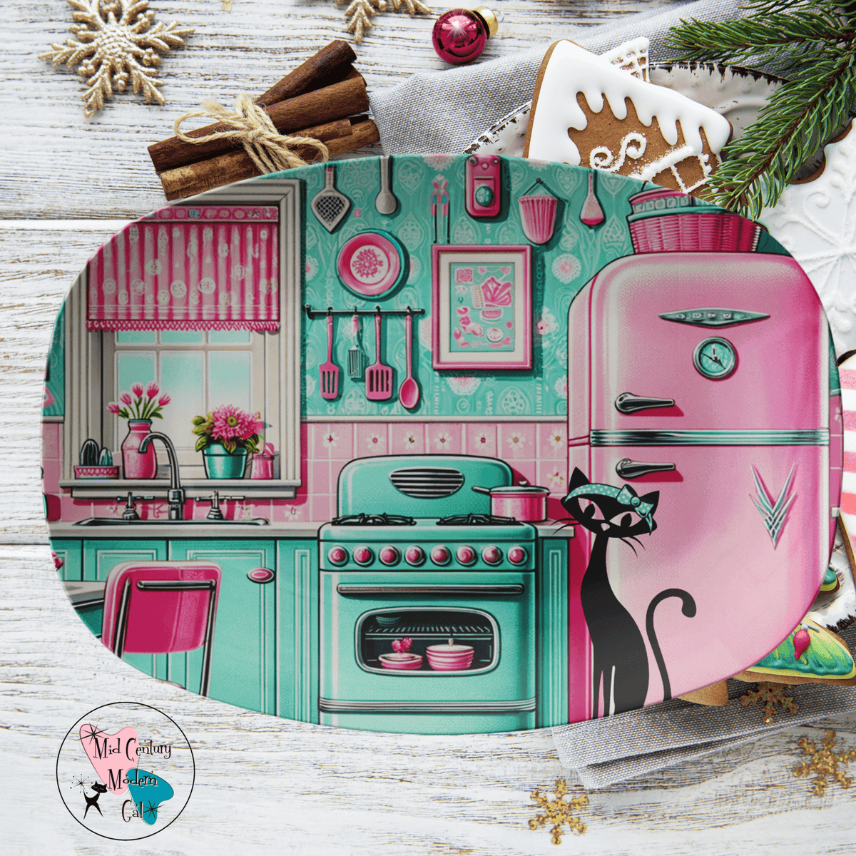 Kitschy 50's Atomic Pink And Aqua Kitchen, Atomic Cat Retro MCM Party Platter Kitchenware default
