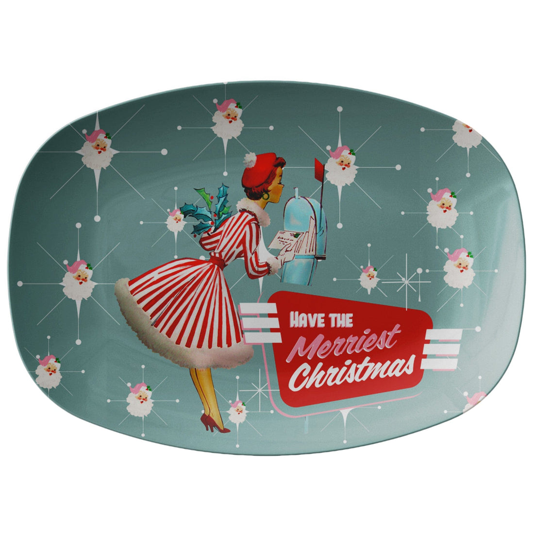 Mid Century Moder Christmas Party Platter, Smiling Vintage Santa Face 50&