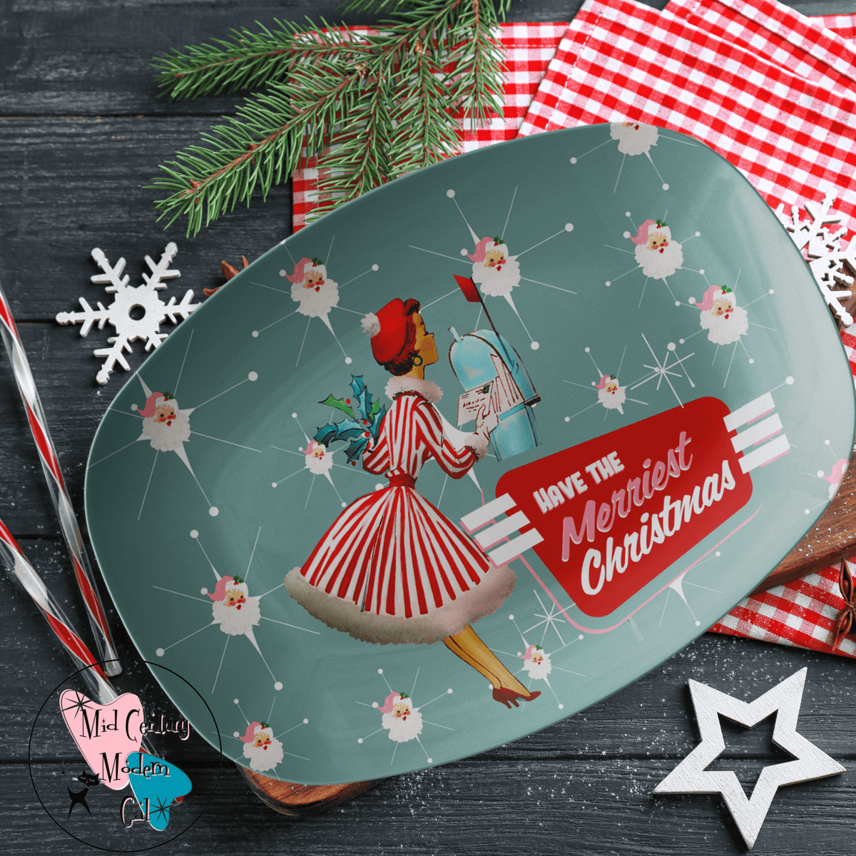 Mid Century Moder Christmas Party Platter, Smiling Vintage Santa Face 50's Kitsch Atomic Party Plates Kitchenware default
