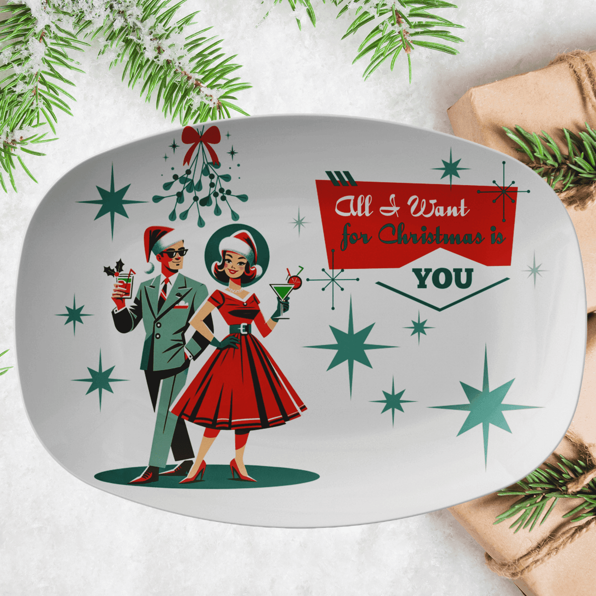 Mid Century Modern Christmas Kitschy 1950's Swanky Couple, Cocktail Party Platter Kitchenware default