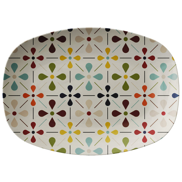 Mid Century Modern Party Platter, Scandinavian Flower, Green, Brown, Beige, Yellow, Teal Floral, Mid Century Modern, MCM