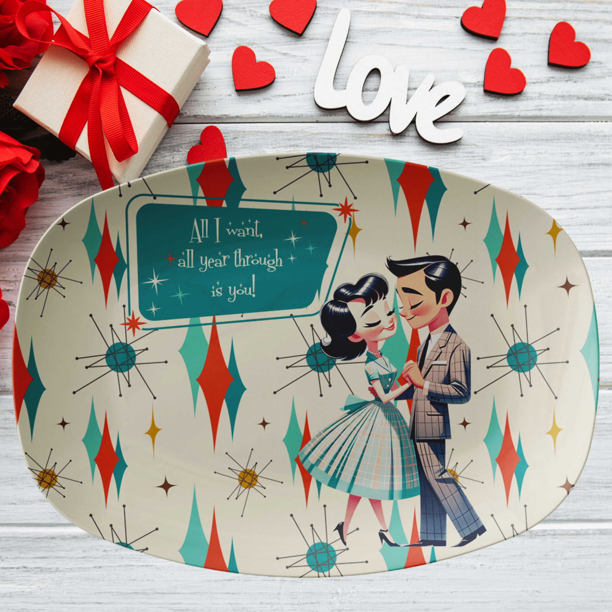 Vintage 50s Valentine, Love, Franciscan Diamond Starburst Kitschy Love MCM Party Platter Kitchenware default