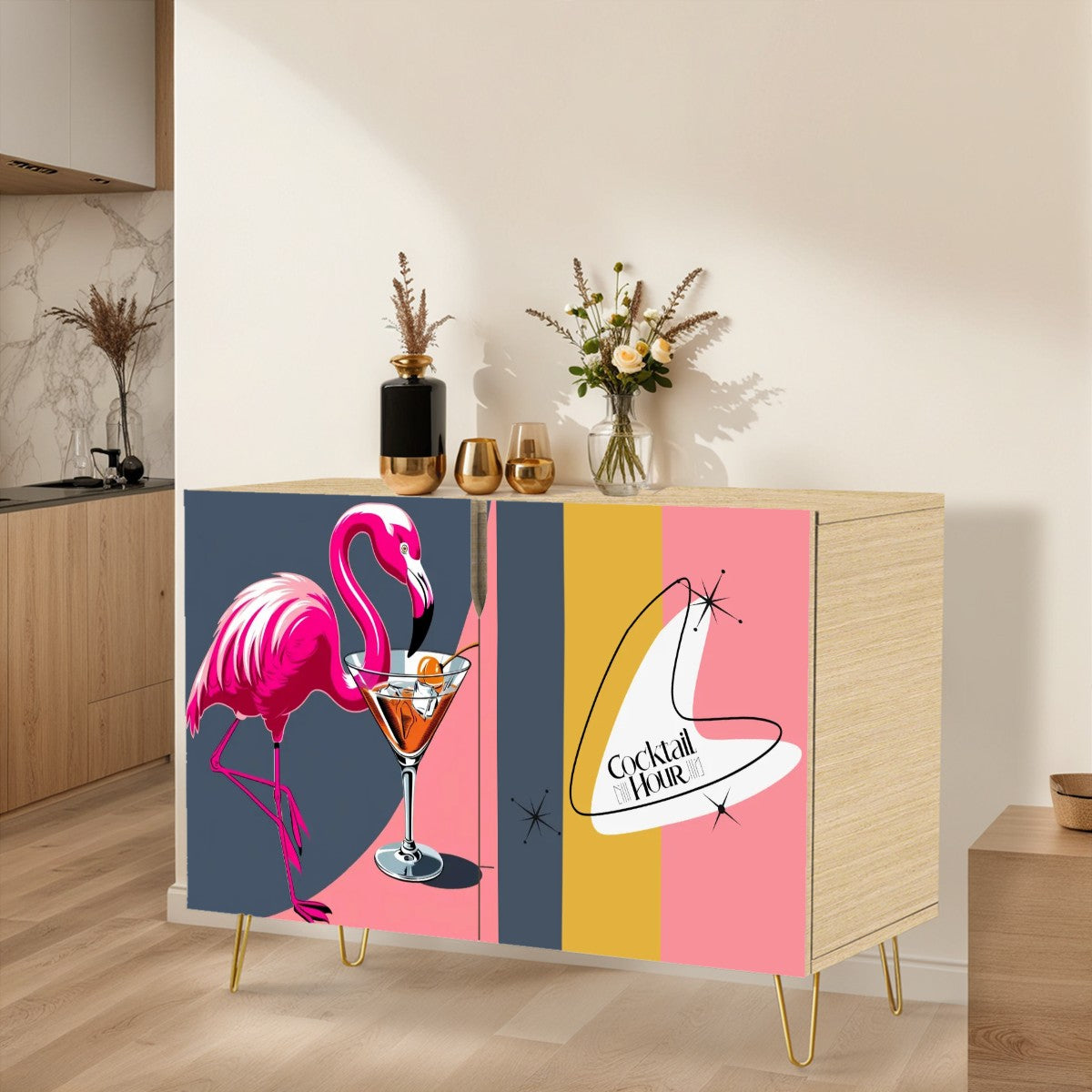 Mid Century Modern Bar Credenza, Cocktail Hour Pink Kitschy Flamingo, MCM Wooden Storage Cabinet - Mid Century Modern Gal