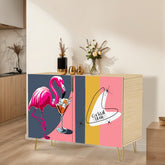 Mid Century Modern Bar Credenza, Cocktail Hour Pink Kitschy Flamingo, MCM Wooden Storage Cabinet - Mid Century Modern Gal