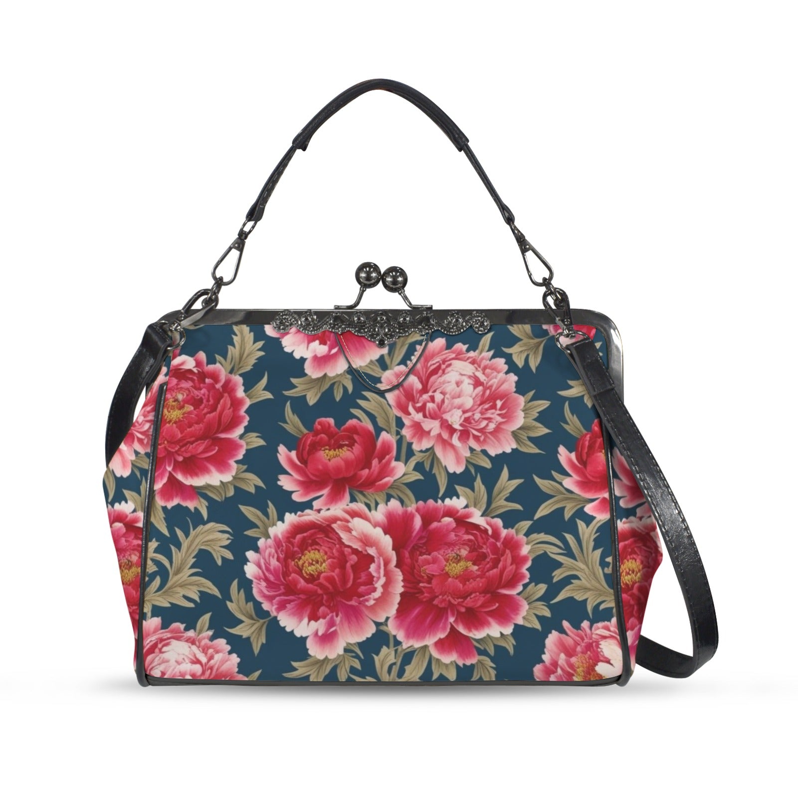 Modern Chinoiserie Royal Blue, Pink Red Floral Kisslock Crossbody Purse - Mid Century Modern Gal