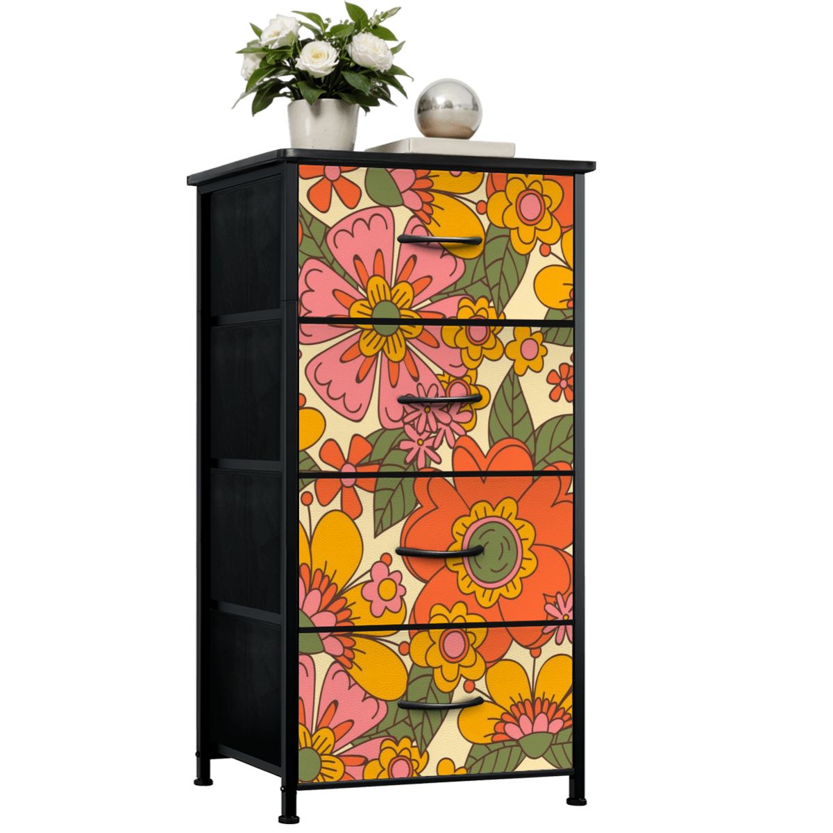 70s Retro Revival Flower Power Groovy Floral Mid Mod 4-Drawer Dresser - Mid Century Modern Gal