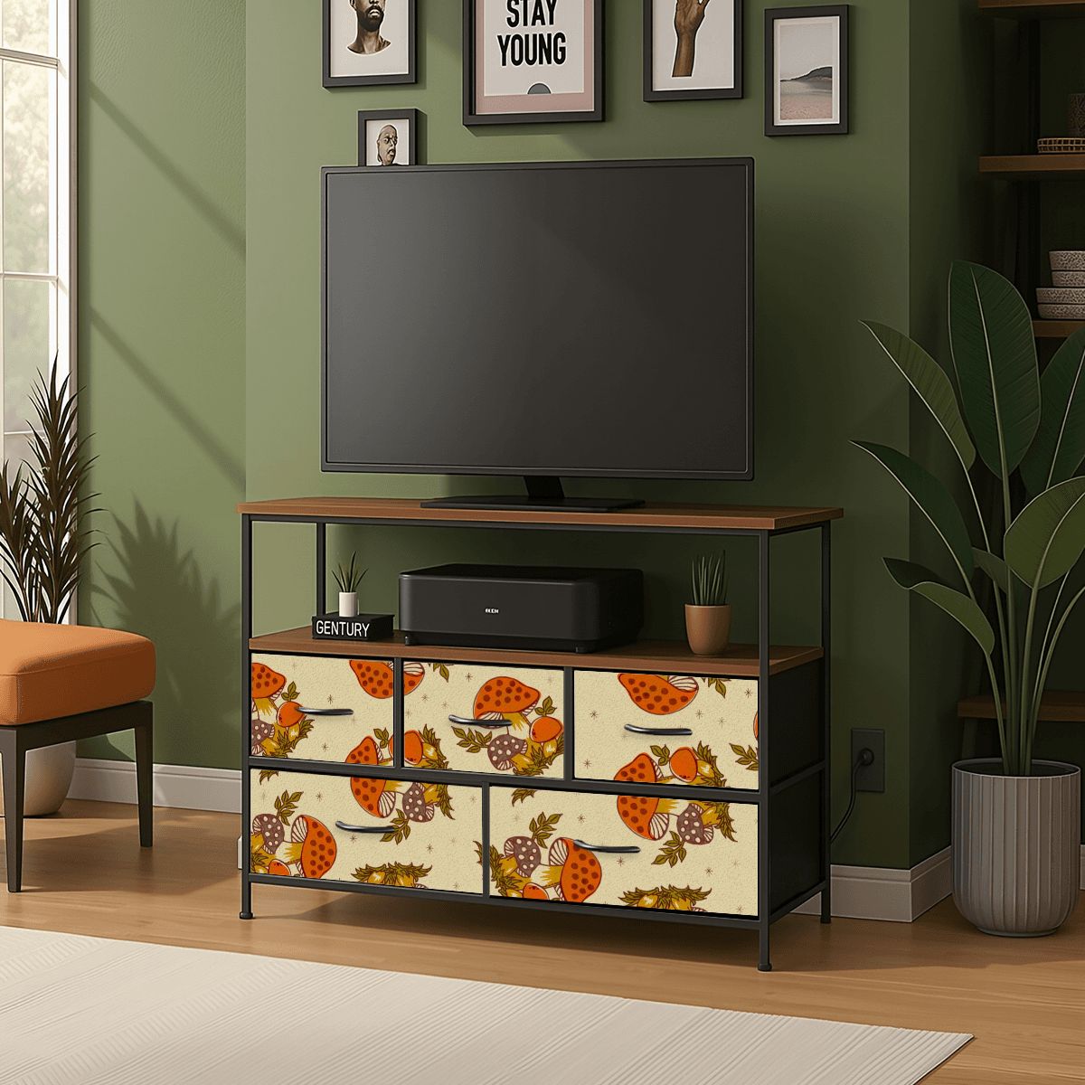 Merry Mushroom 70's Hippie Boho Orange, Groovy Cottagecore Mushroom TV Stand Media Console - Mid Century Modern Gal