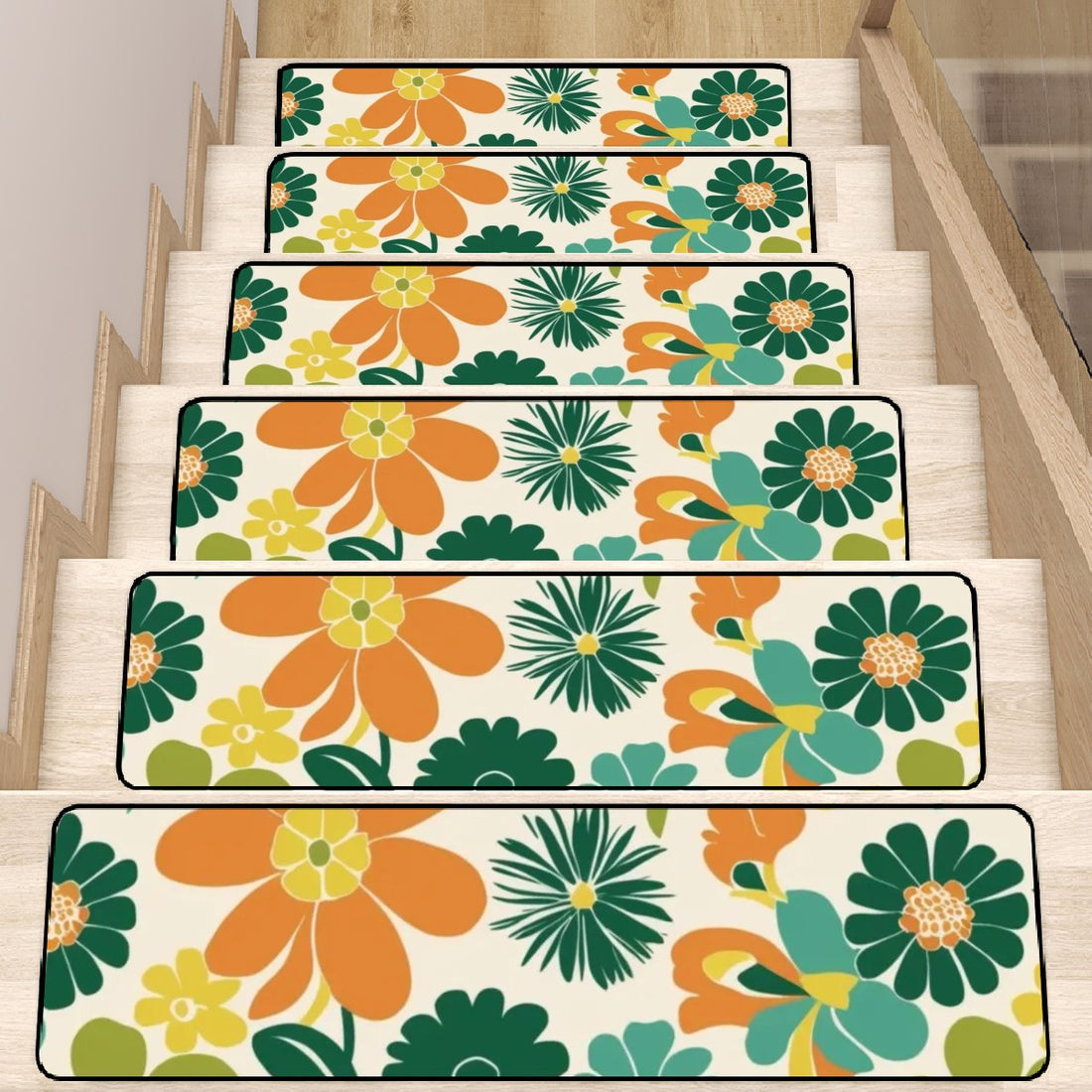 Retro Flower Power 70s Orange, Teal Aqua Floral Non Slip Carpet for Stairs Treads - Mid Century Modern Gal