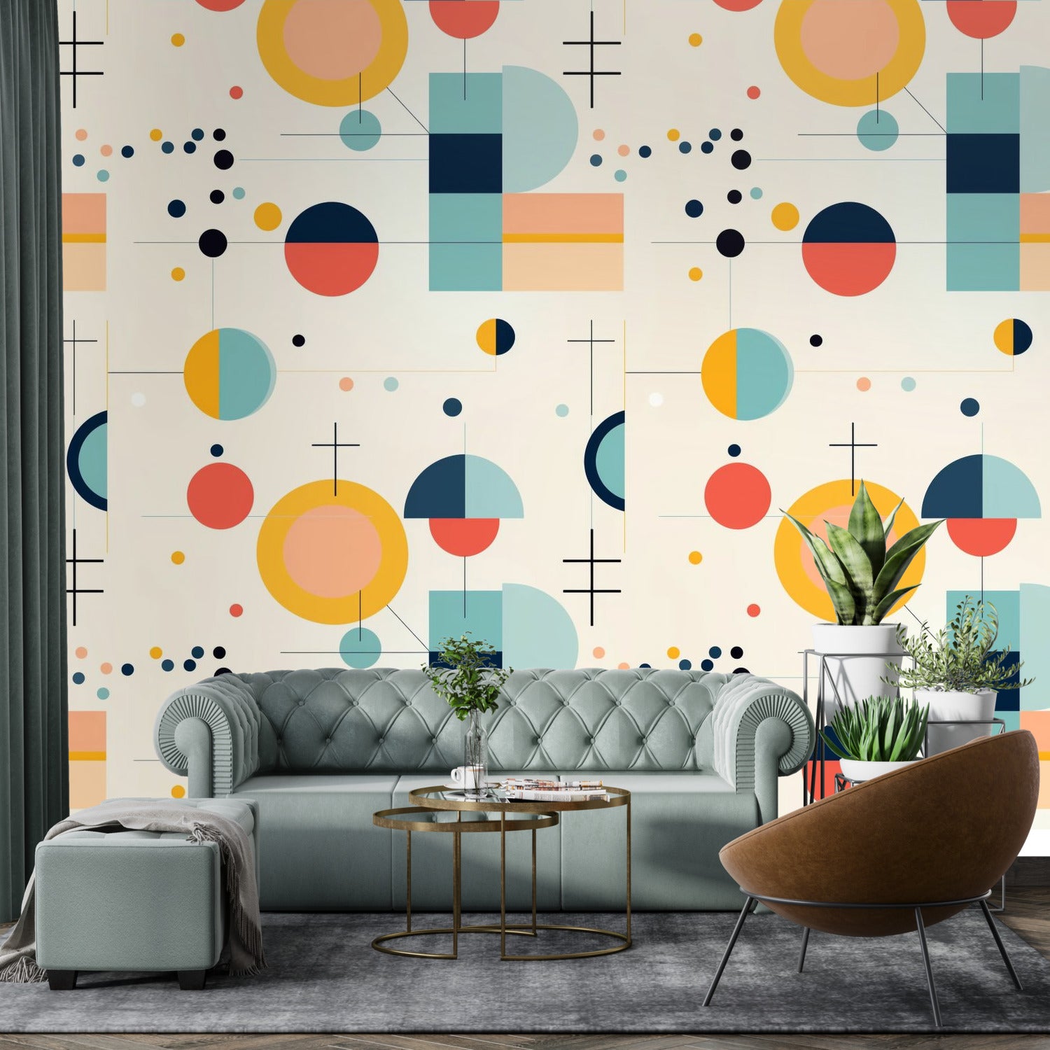 Mid Century Modern Bauhaus Designed, Geometric Yellow, Orange, Aqua MCM Peel And Stick Wall Murals