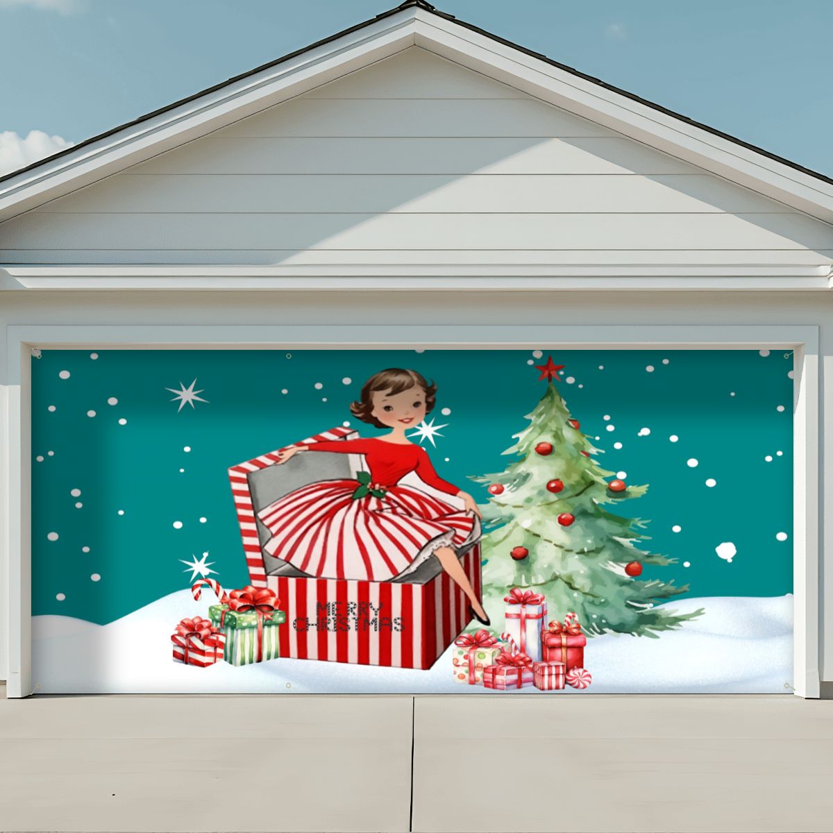 Mid Century Modern 50s Christmas Kitschy Modern Festive Garage Door Banner Backdrop - Mid Century Modern Gal