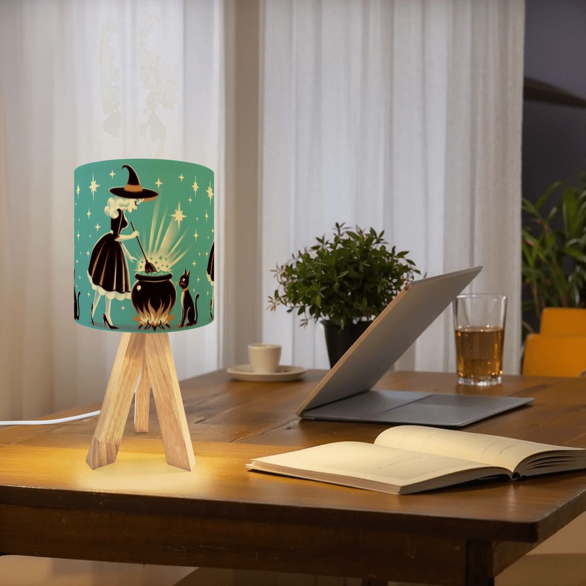 Witch's Brew Mid Century Modern Halloween Gothic Teal Tripod Table Lamp - Mid Century Modern Gal