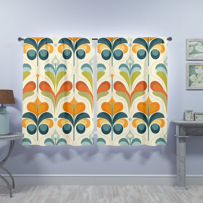 Scandinavian Flower Design, Orange, Green Blue Mid Century Modern Window Curtains (two panels) - Mid Century Modern Gal