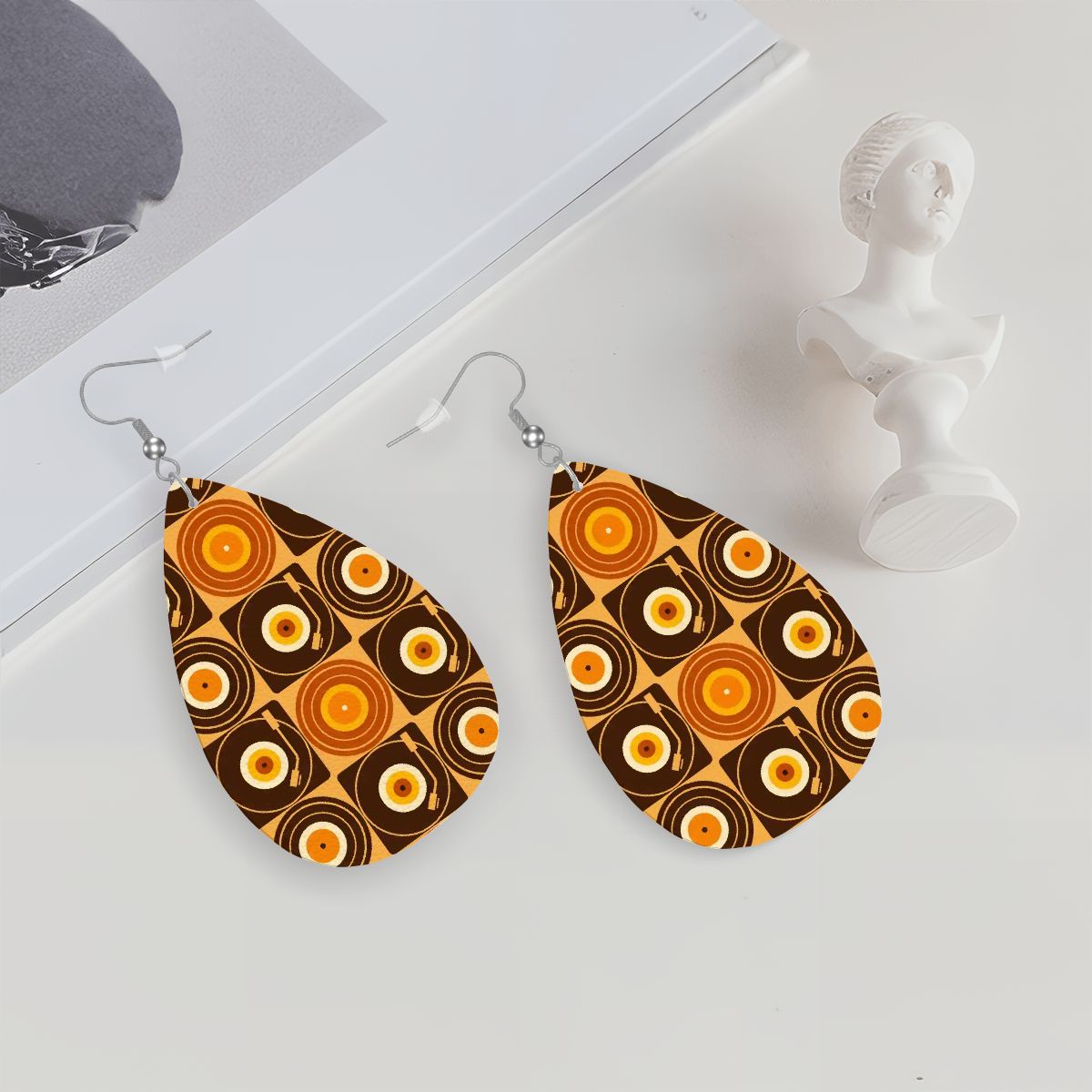 Groovy Retro Record Players, Brown Orange Yellow Vegan Leather Teardrop Earrings - Mid Century Modern Gal