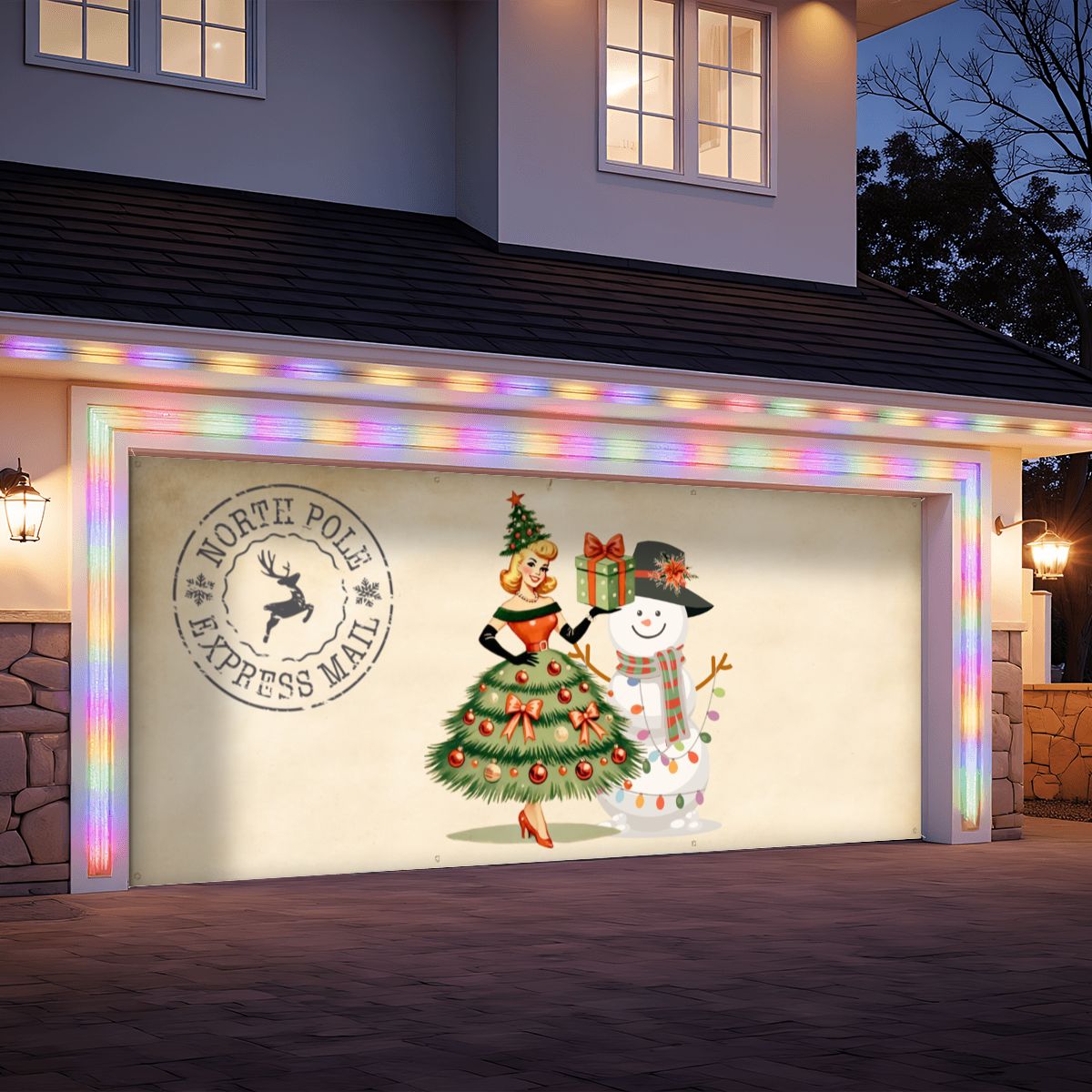 Whimsical Christmas Mid Century Modern North Pole Express Mail Garage Door Banner Backdrop - Mid Century Modern Gal
