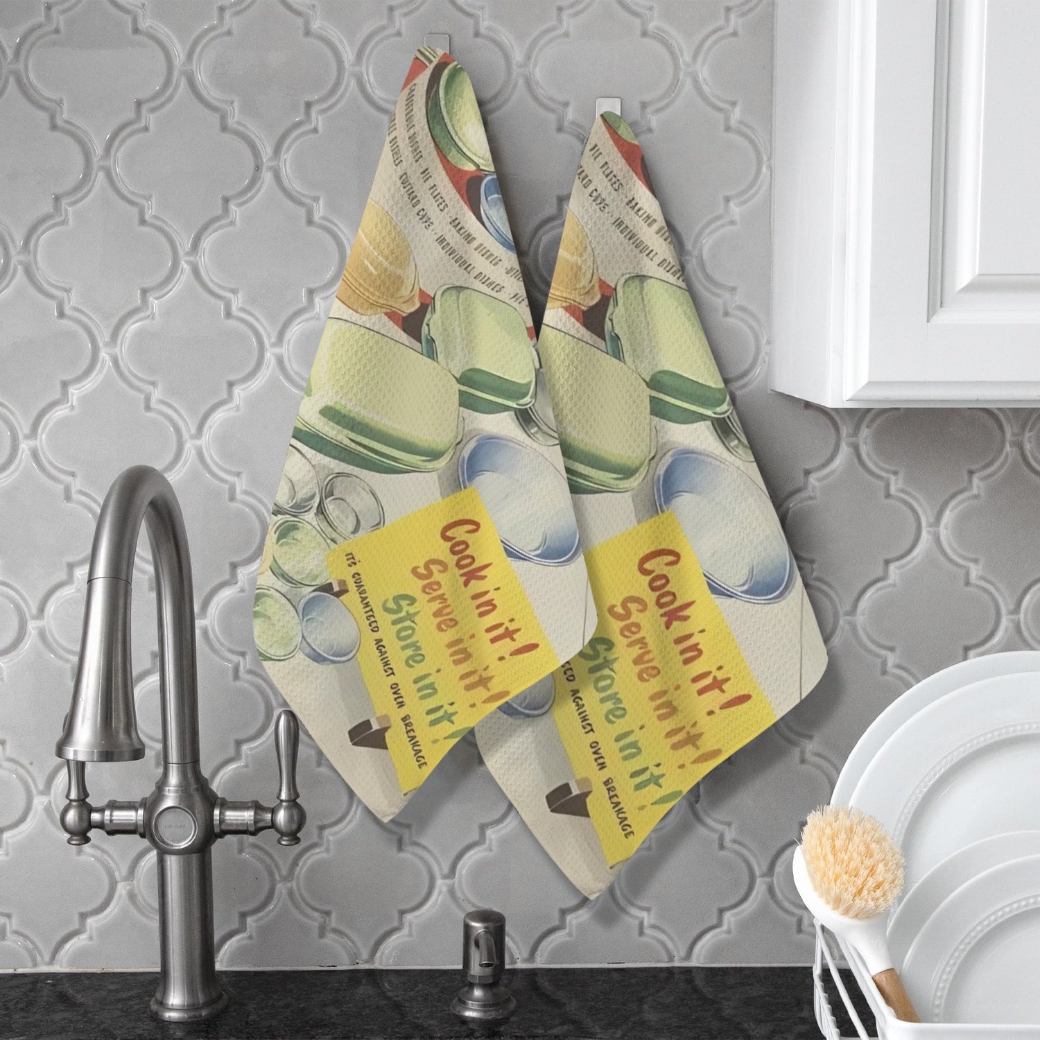 Vintage Pyrex Collector Kitschy Retro Pyrex Ad Kitchen Towel Set - Mid Century Modern Gal