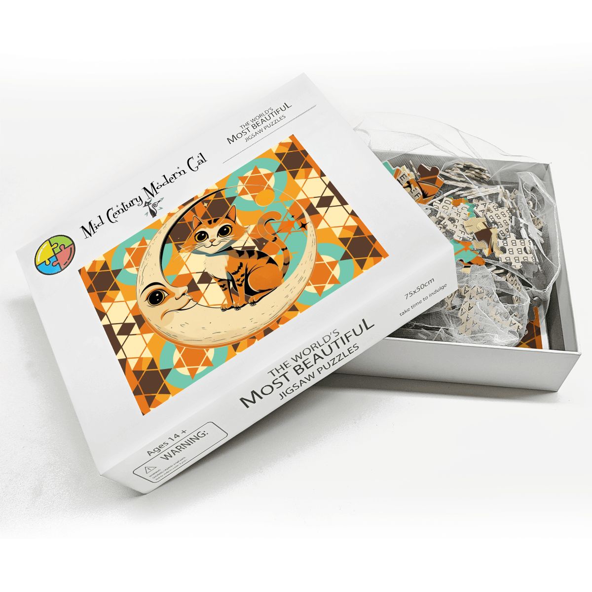 Harvest Half Moon, Kitschy Tabby CatWooden Jigsaw Puzzle - Mid Century Modern Gal
