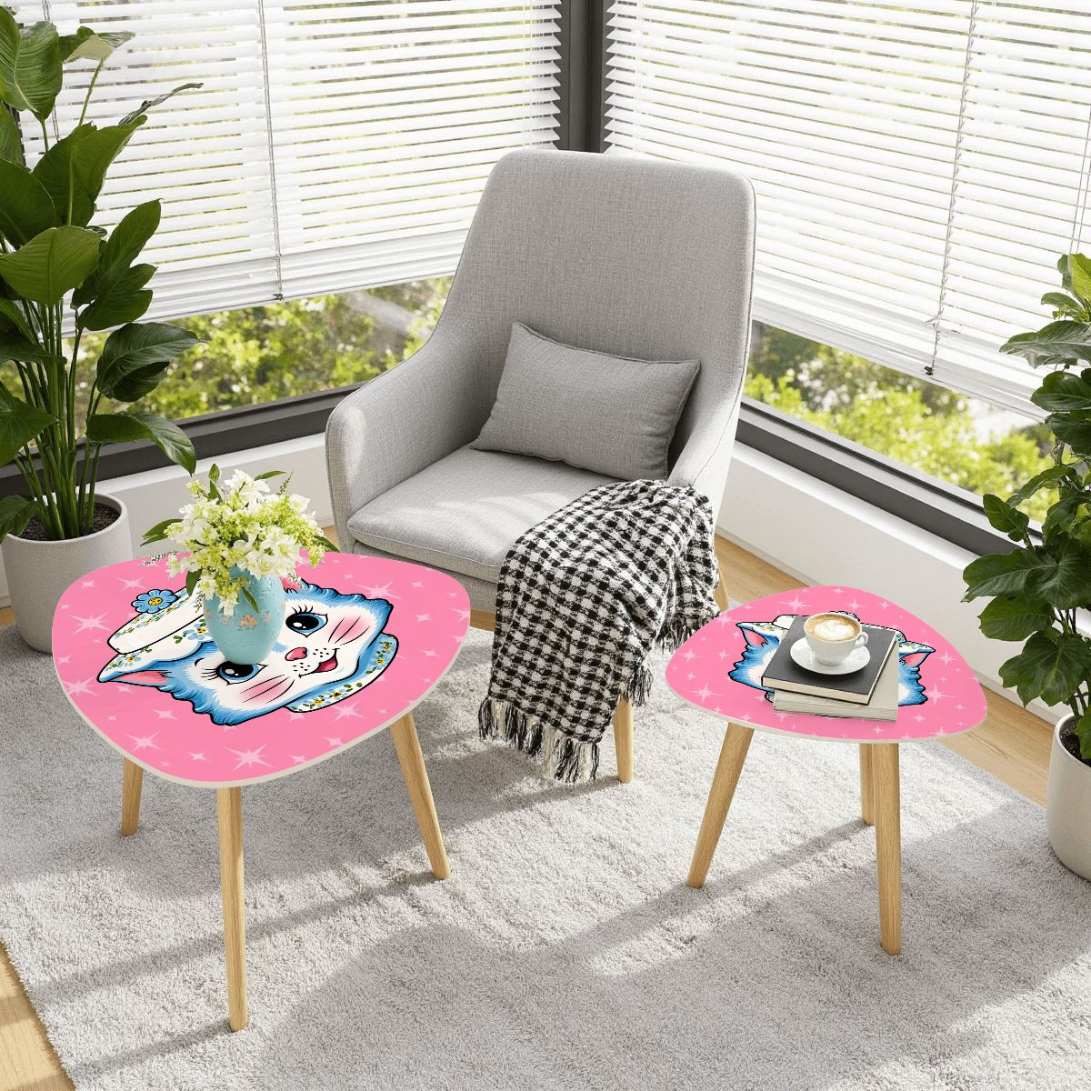 Mid Century Modern Kitschy Anthropomorphic Blue Cat with Floral Hat Nesting Tables