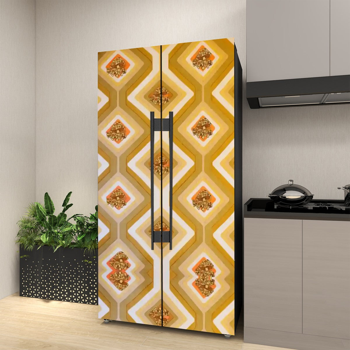 70s Harvest Gold, Merry Mushroom Retro Self Adhesive Refrigerator Wrap Set - Mid Century Modern Gal