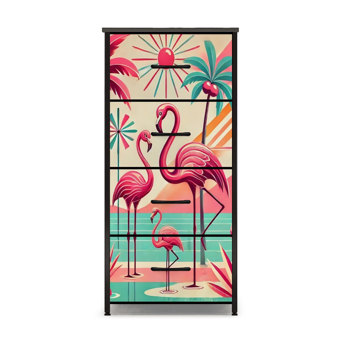 1950s Mid Century Modern Flamingo Art, Kitschy Pink, Teal, MCM 4-Drawer Dresser - Mid Century Modern Gal