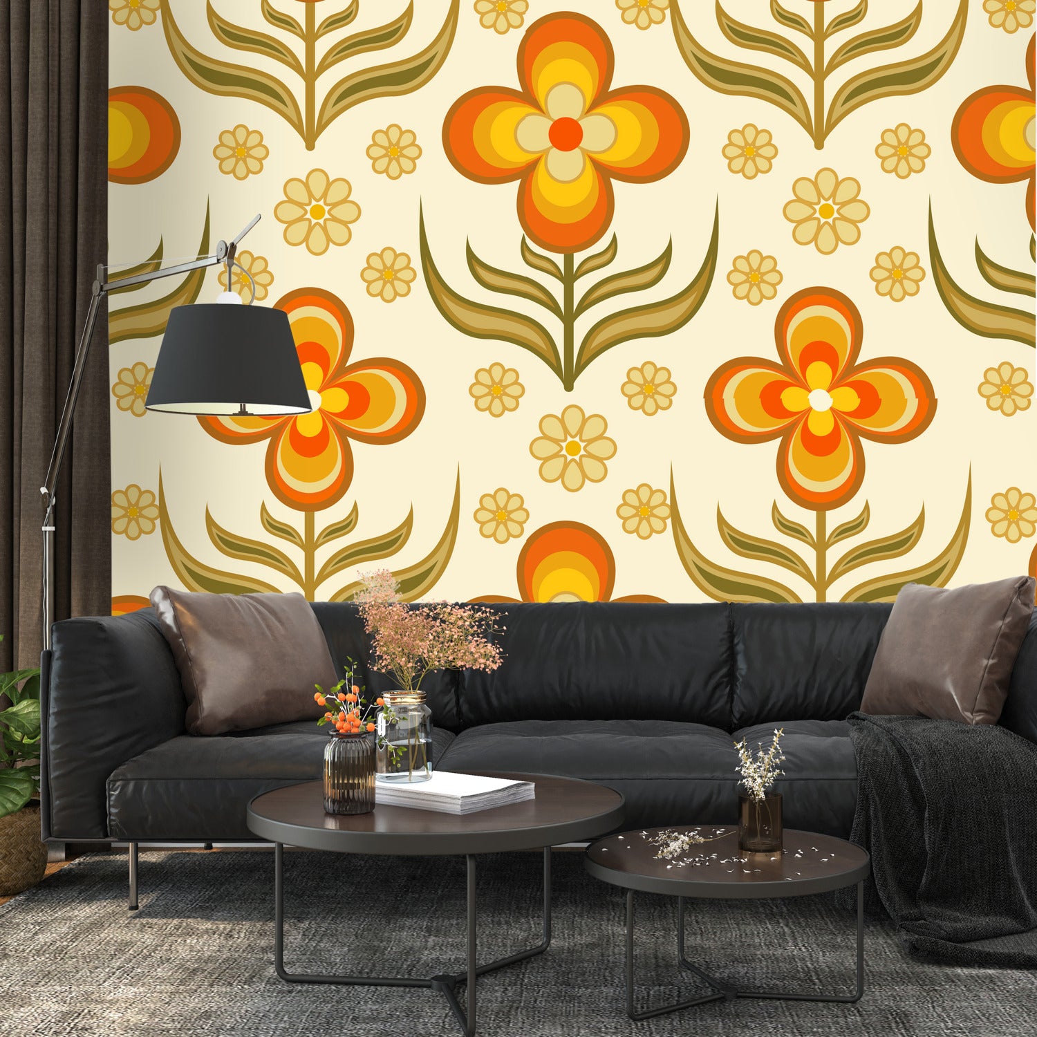 Flower Power, Scandinavian Floral Wallpaper, Peel And Stick Orange, Yellow Green Wall Mural