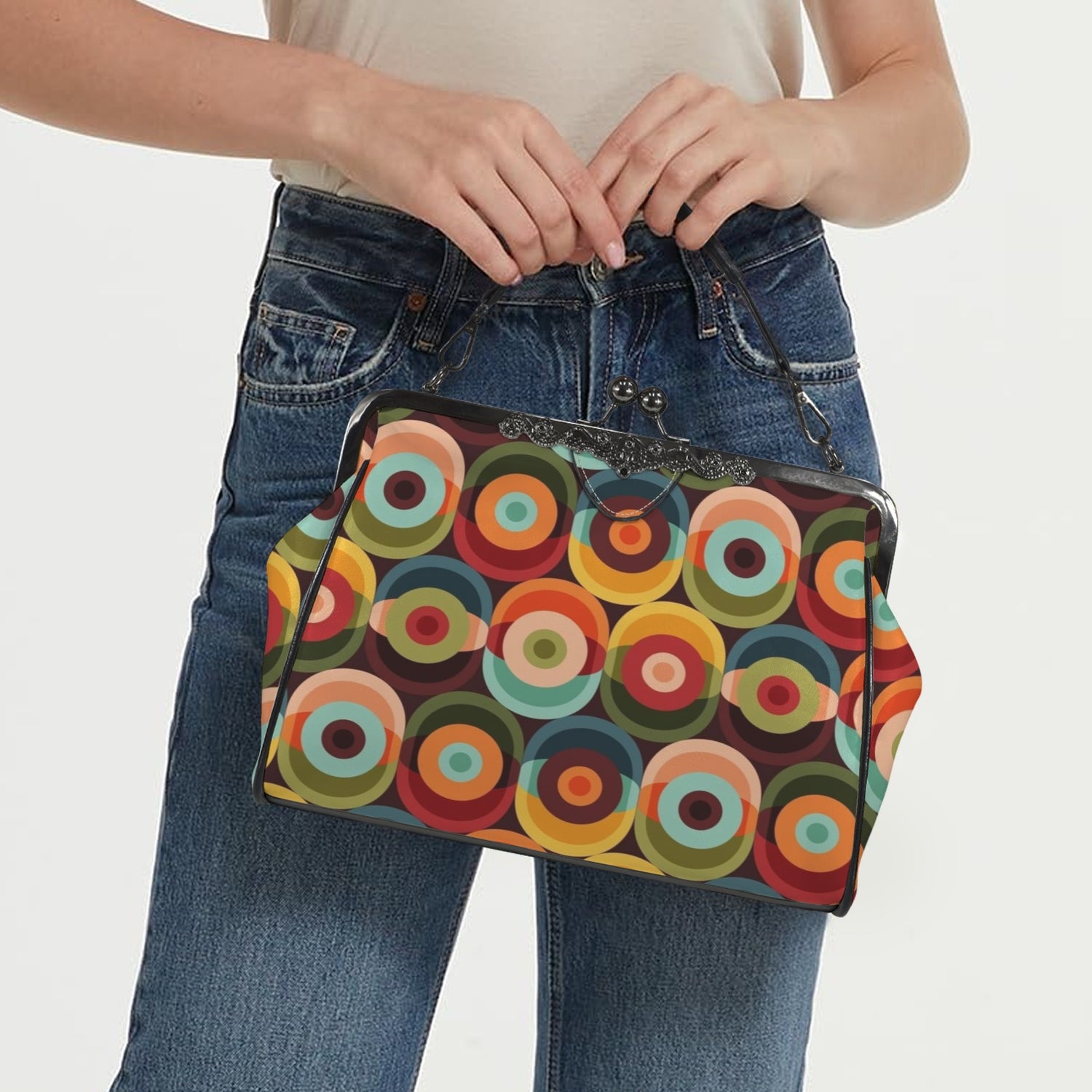 Retro Groovy Mod Space Orb Designed Mid Century Modern Kisslock Crossbody Purse - Mid Century Modern Gal